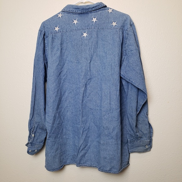 Vintage The Quacker Factory Chambray Denim Silver L Embroidered Star Button Up - Picture 4 of 6